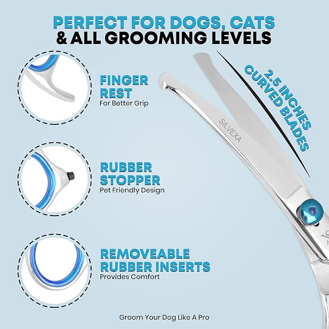 6.5” Curved Pet Grooming Scissors – Professional Dog Hair Cutting Shears with Blue Adjustable Tension Screw & Comfort Grip – Ideal for Face, Ears, Paws & Finishing