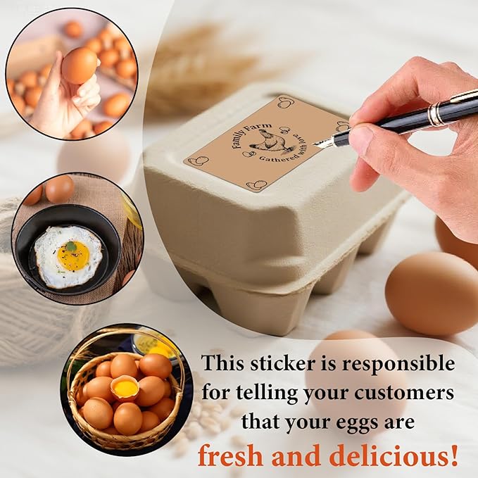 60Pcs 2" x 4" Chicken Egg Labels Rectangle Brown Self Adhesive Family Farm Egg Cartoon Stickers Packaging Tags for Box Container Business Farm Farmhouse Markets Shops Supplies