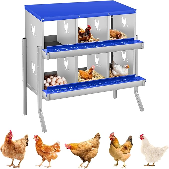 6 Compartment Chicken Nesting Boxes, Metal Roll Away Egg Laying Boxes with Removable Tray & Lid Cover, Chicken Coop Nest Box for Hens, Egg Protection Design (with Legs) Blue