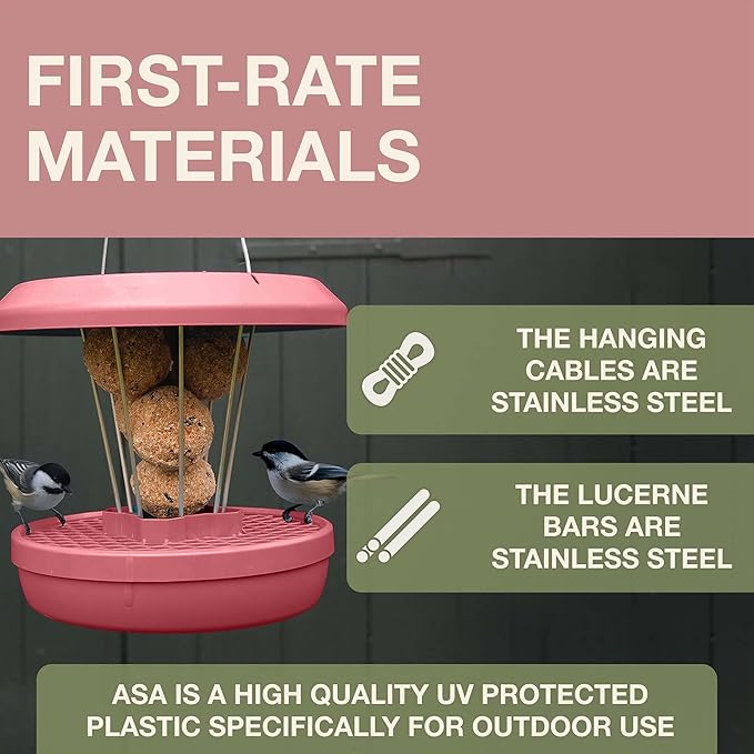 SWISSINNO Bird Feeders - No Mess Fat Ball/Suet Feeder for Outdoors Hanging - Smart Birds Lucerne Spill Proof Wild Cardinal Bird Feeder with Integrated Seed Catcher Tray - Dusty Rose