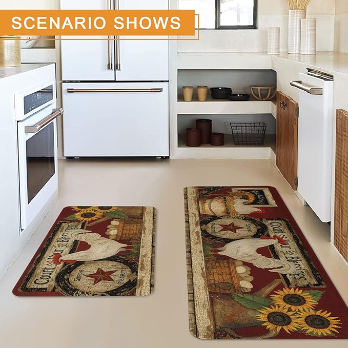 Roszwtit Farmhouse Kitchen Rugs and Mats Set of 2, Farm Rooster Kitchen Mat, Seasonal Holiday Cooking Sets Washable Non-Slip Floor Mats for Home Kitchen Decor - 17x29 and 17x47 Inch