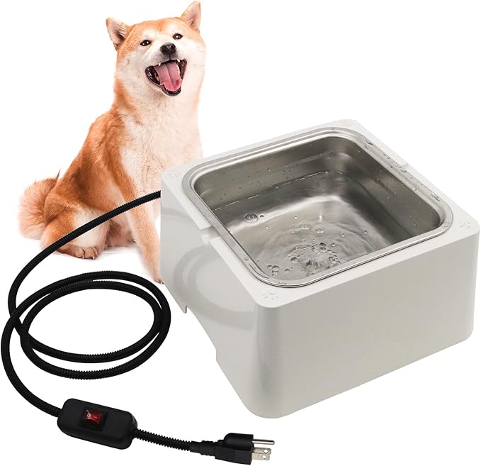 Heated Water Bowl for Dog & Cat Removable 110OZ/0.85 GAL Stainless Bowl Outdoor Pet Water Dish 100W Electric Powered with Thermostat (White)