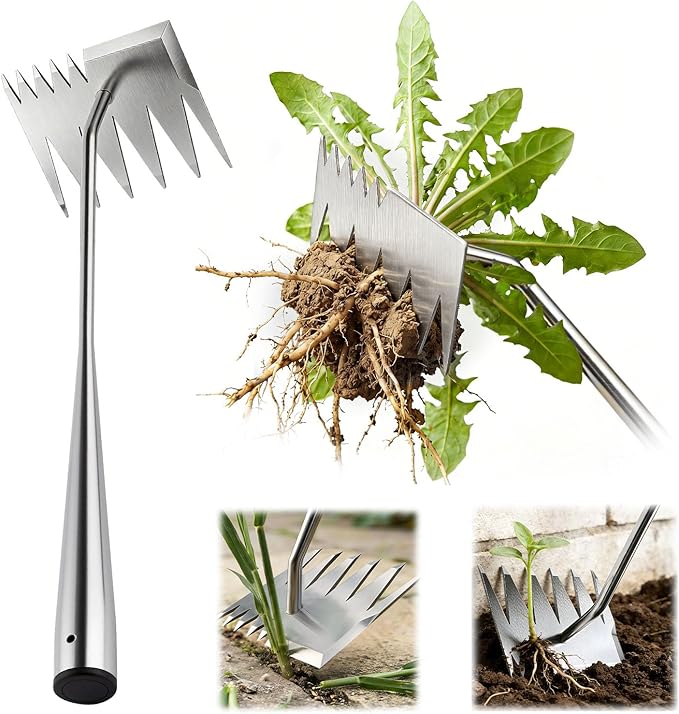 Weed Puller Tool, 2026 Upgraded Portable Manual Weeding Tools Gardening, 6 Teeth Dual Head Stainless Steel Hand Garden Weeding Rake, Weed Remover Tool for Gardening Backyard Yard Farm Planting Weeding