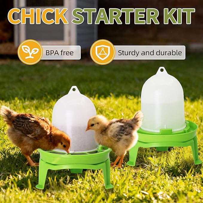 Chicken Feeder and Waterer Set,1.5L Chick Waterer and 1.5kg Chick Feeder with 3 Adjustable High-Legged Chassis, Baby Chick Starter Kit for Ducks/Quail