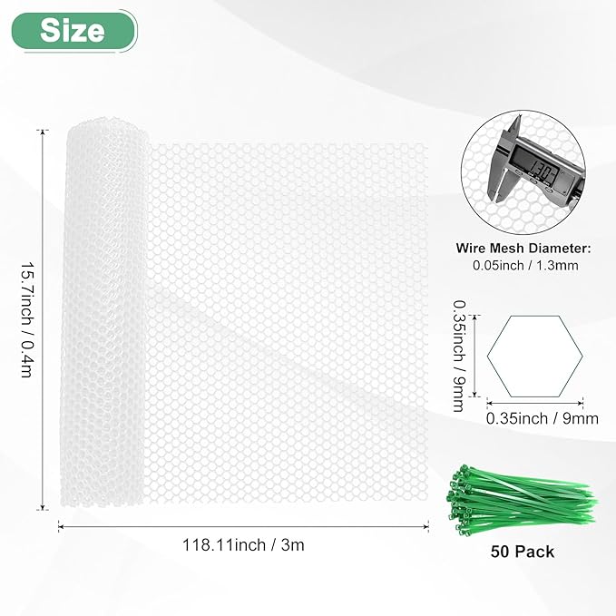 1-Pack Floral Chicken Wire Mesh, 15.7 in x 9.8 ft Plastic Hexagonal Chicken Wire Fencing with 50 Garden Ties for Crafts/Poultry Netting/Garden/Plant Protection [White]