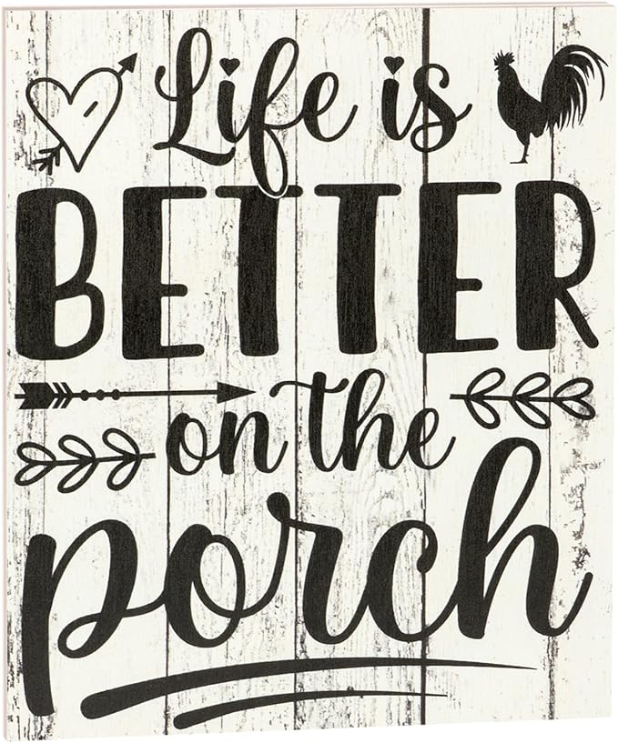 JennyGems Life is Better on the Porch Wooden Sign, Farm Life Decor and Wall Hanging, Whitewash Color, Made in USA