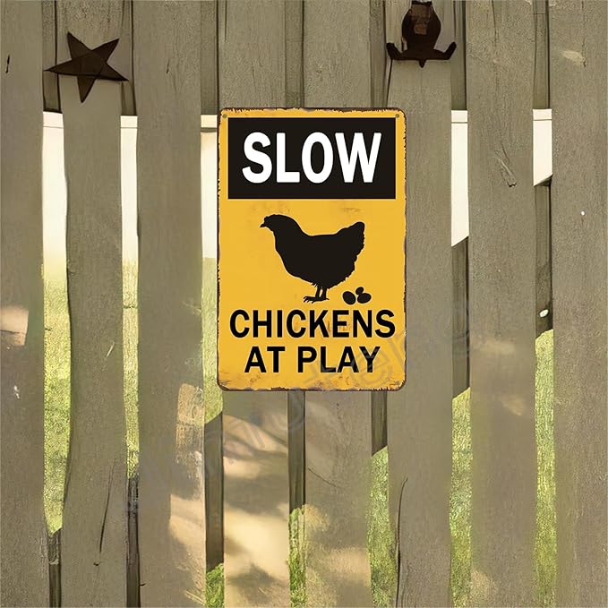 Slow Sign Chickens at Play Chicken Crossing Warning Sign 8x12 Inch Funny Sign, Chicken Coop, Yard, House Decor - Weather Resistant Fade UV Resistant
