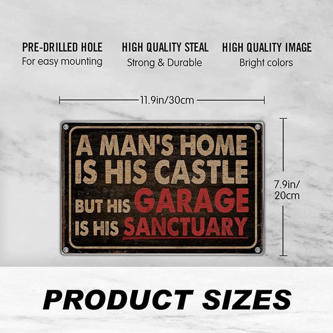 Man Cave Wall Decor Garage For Men Vintage Metal Sign Decoration A Man's Home Is His Castle But Sanctuary 12 x 8 Inch Art Kitchen Aluminum Indoor Outdoor