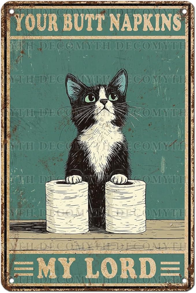 Funny Cat Vintage Metal Tin Sign Your Napkin My Lord for Bathroom Wall Decor 12 * 8inch