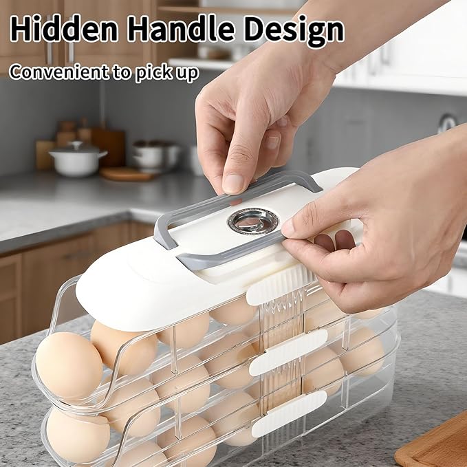 Egg Dispenser for Refrigerator, 3-Layer Clear Plastic Egg Holder Adopt Transparent PET Material & Hidden Handle Design – Egg Organizer for Refrigerator with Cover Lock Buckle (Capacity for 21 Eggs)