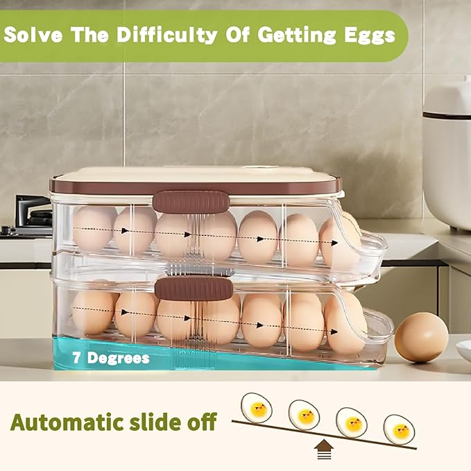Egg Holder for Fridge with Lid and Handle，automatic Rolling Egg Dispenser for Refrigerator,Stackable egg organizer for refrigerator, Countertop, Kitchen & Outdoor Use or Pantry Storage,Timed Freshness