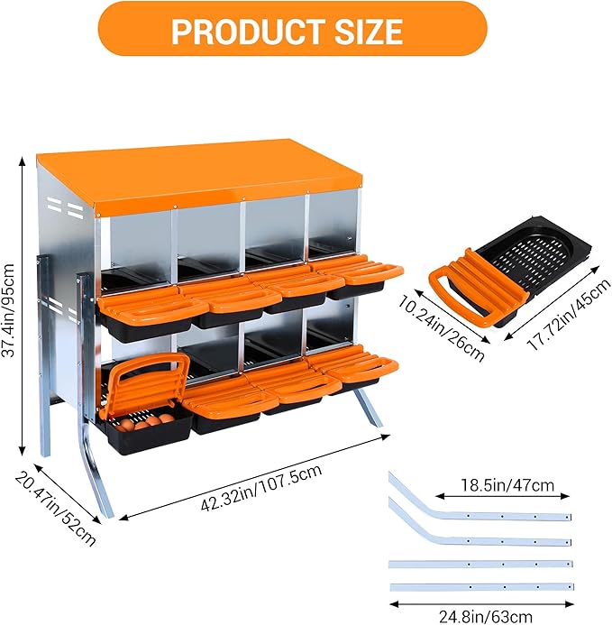Chicken Nesting Box 8-Hole Roll Away Egg Laying Box with Lid & Stand, Galvanized Steel Rustproof Poultry Coop Box, Easy Clean, Wall Mountable No Bracket Needed for Hens, Orange