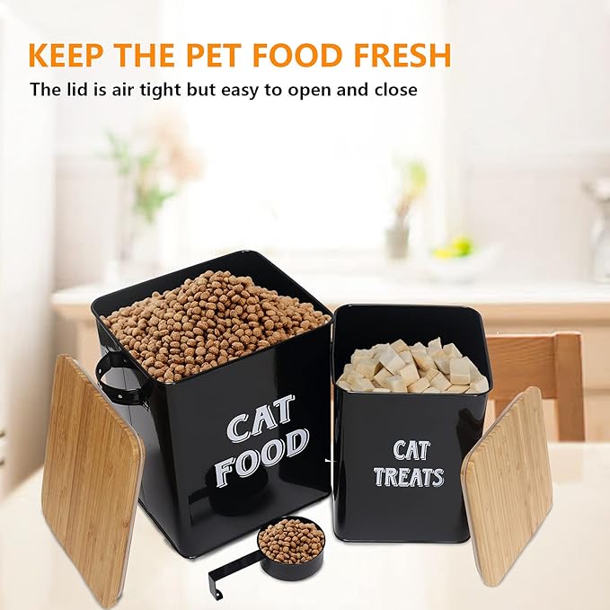 Cat Food Storage Container Farmhouse Pet Food Treats Bin with Lid and Scoop, Perfect Sturdy Canister Tins for Kitchen Countertop, Shelf, Great Gift for Pet Owners - Cat Food - Black