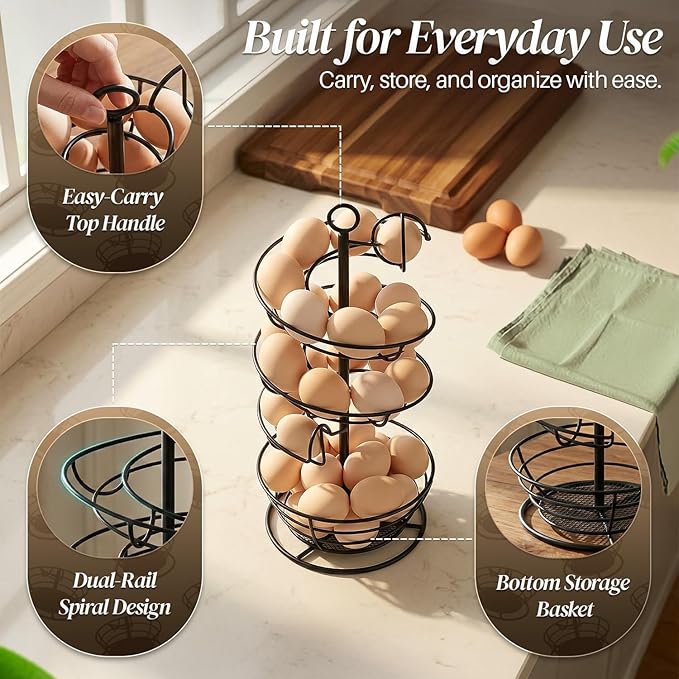 Flexzion Metal Egg Skelter Countertop Egg Holder - Sturdy Black Spiral Egg Holder with Bottom Basket and 360-Degree Rotatable Middle Pole Up to 36-Egg Capacity, Egg Storage Rack Solution
