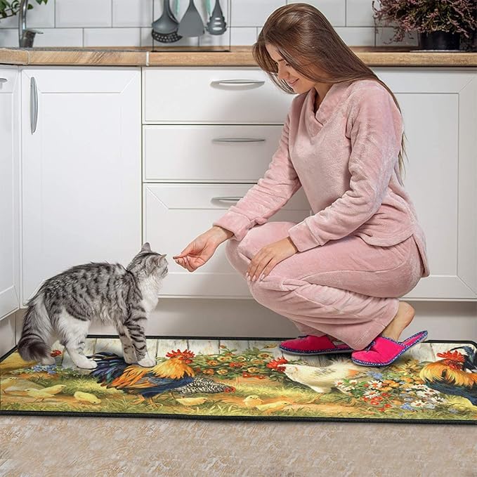 Roszwtit Rooster Kitchen Rug, Farmhouse Kitchen Rugs and Mats Set of 2, Kitchen Sets Low-Profile Washable Floor Mat for Home Kitchen Decor - 17x29 and 17x47 Inch