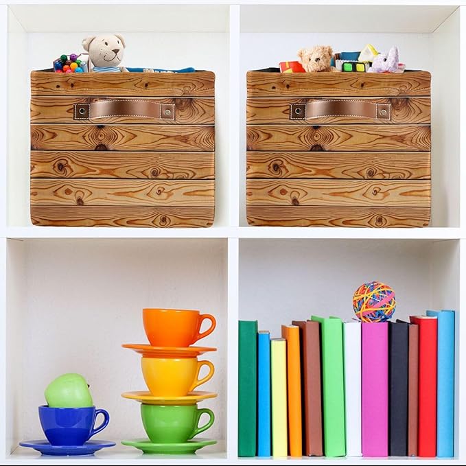Rustic Wood Grain Storage Bins Collapsible Storage Basket with Metal Frame, Fabric Shelves Bins Closet Baskets with Handles, 2-Pack