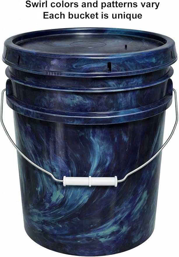5-Gallon Bucket with Airtight Lid – Made in USA, Food Grade BPA Free Plastic, Heavy Duty Multi-Use, Metal Handle with Grip, Stackable Storage – Mystery Swirl, 3 Pack