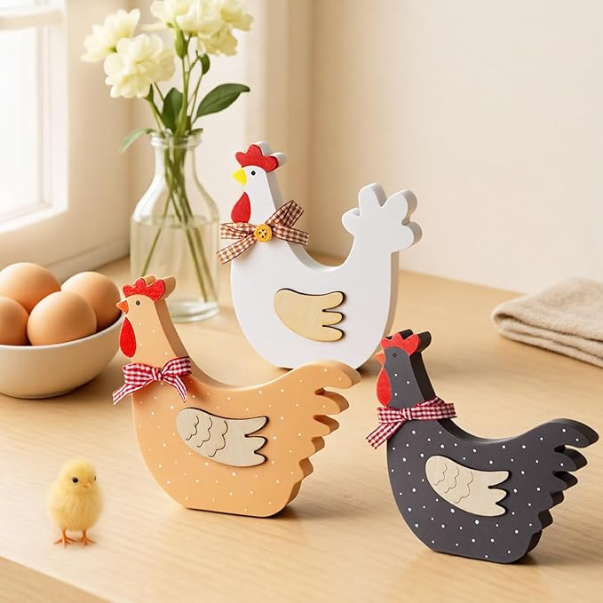 3 Pcs Chicken Wood Table Sign, Chick Is One Decorations Centerpieces Rooster Wooden Decor for Animal Theme 1st Birthday Party Farm Tiered Tray Decor Baby Shower Home Office