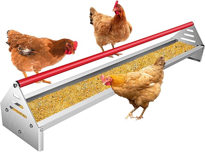 RYFT Chicken Feeding Trough 45", Heavy Duty Galvanized Steel Chicken Feeder with Red Crossbar, Holds 12 Chickens with Drainage Holes, Large Capacity Poultry Feeder Trough for Duck Geese Turkey Pigeon