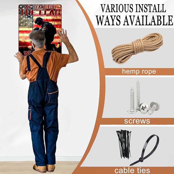 Vintage American Soldier Tin Sign We Stand For The Flag We Kneel For The Fallen Metal Sign Decor for Women Men Wall Decor for Independence Memorial Day Veterans Day Home Bedroom Man Cave 12X16Inch