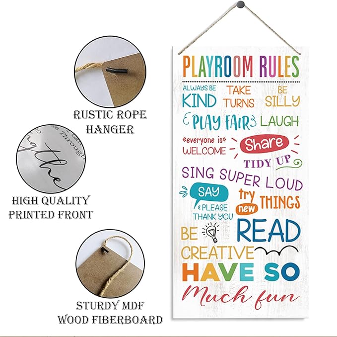 Playroom Rules Sign, Playroom Wall Art, Decorative Wood Hanging Wood Plaque, Kids Playroom Wall Decor, Colorful Wall Decor for Playroom, Classroom Decor, Bedroom Decor, Inspirational Wood Sign