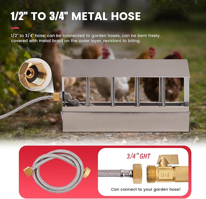 Automatic Chicken Waterer Stainless Steel Chicken Water Feeder Pigeon Water Dispenser with Float Valve Automatic Filling Water Poultry Waterer Fountain for Duck Goose Pigeon Quail