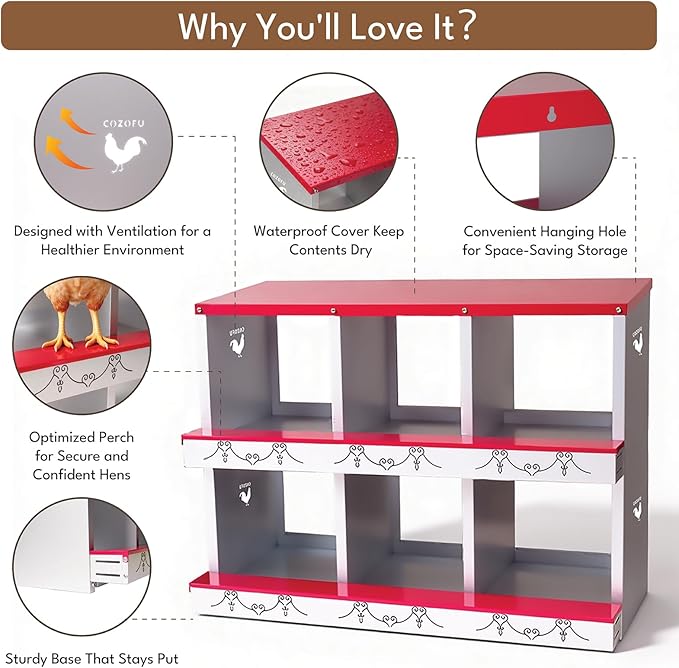 6 Hole Chicken Nesting Box for Laying Hens - Automatic Rollout Egg Collection, Heavy Duty Metal Nesting Boxes with Swing Perch for Chicken Coops, Secure & Easy Clean Poultry Nest Box