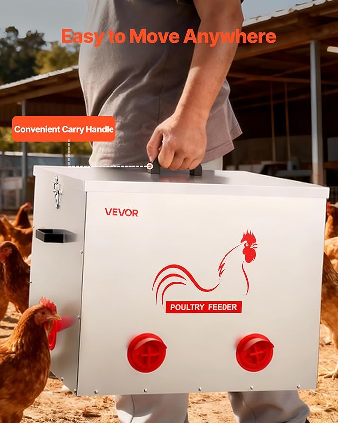 VEVOR Automatic Chicken Feeder, 85 lbs Capacity, 6 Feeding Ports No-Waste Poultry Feeder with Built-in Divider, with Latch & Handle, Metal Construction, for Chickens Bantams Pheasants Poultry Coop