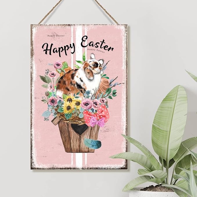 Happy Easter Flower Basket Bunny Wooden Signs French Style Floral Pink Stripes Wood Sign Happy Easter Eggs Bunny Rustic Signs for Home Office Porch 8x12in Easter Gift to Kid