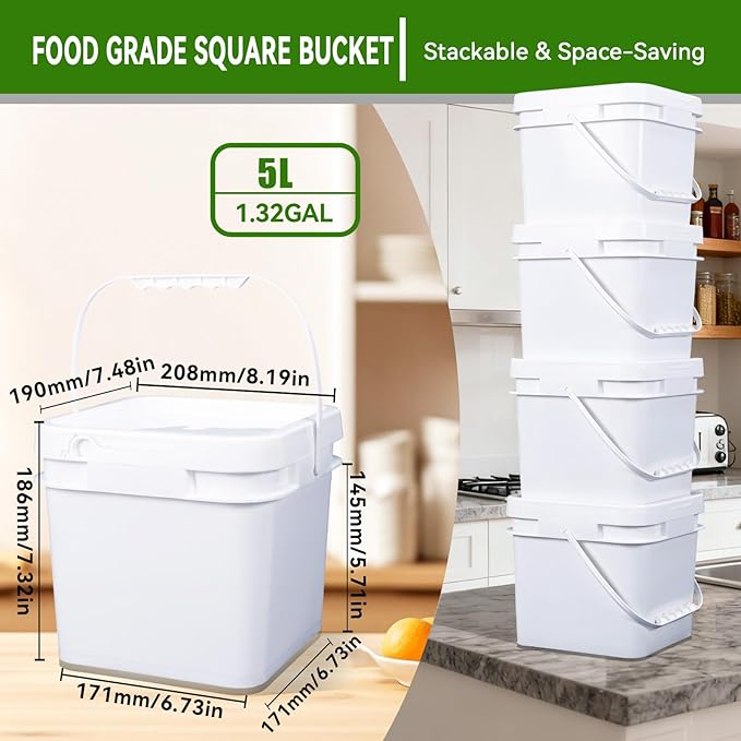 Square Clear Plastic Bucket Set - 4 Packs Airtight Storage Containers with Pressure Lids & Handle, Food Grade for Home & Outdoor (White, 1.3 gal)