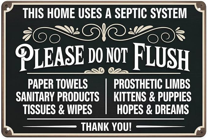 Septic System Warning Tin Sign Vintage Please Do Not Flush Metal Sign Print Aesthetic for Garden Yard Bar Porch Home Bedroom Kitchen Wall Decor Gift 8 X 12 in