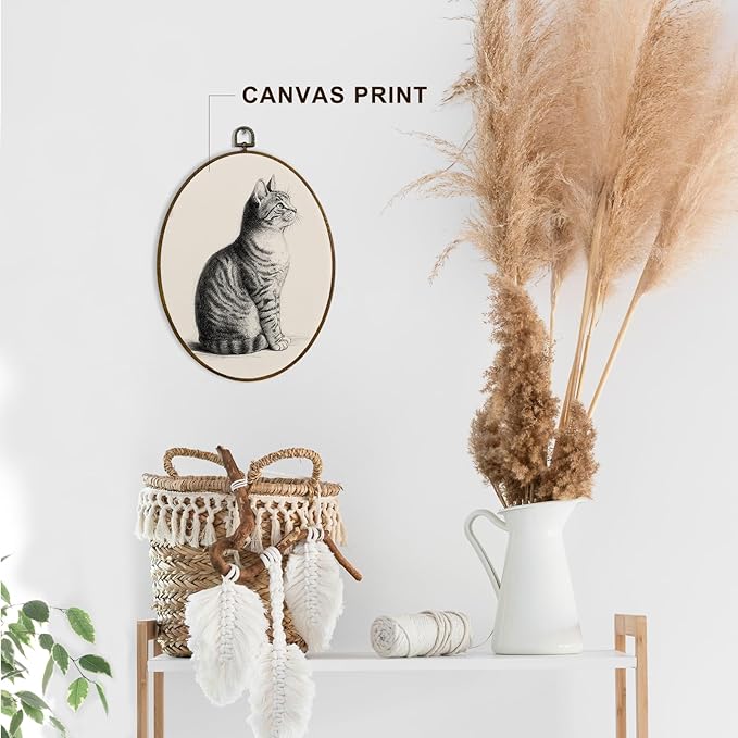 dvhdajed Vintage Cat Oval Wall Art Decor,Cute Cat Prints Framed Canvas Art,Gifts for Kitty Lovers,Neutral Beige Antique Kitty Oval Wall Hanging Decorations for Kitchen Nursery Bedroom, 8.7x11.3 Inch