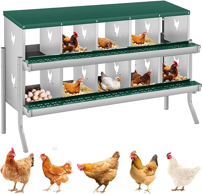 10 Compartment Chicken Nesting Boxes, Metal Roll Away Egg Laying Boxes with Removable Tray & Lid Cover, Chicken Coop Nest Box for Hens, Egg Protection Design (with Legs) Green