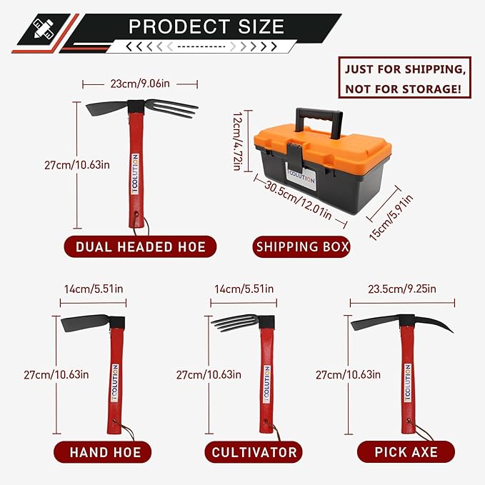 4-Pcs Gardening Tool Set – Pick Axe, Hoe, Hand Tiller & Garden Rake with 10.6" Wooden Handles, DIY Assembly Required, Garden Tools for Digging, Soil Loosening, Weeding & Cultivating