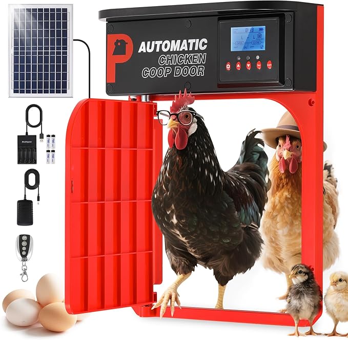 Automatic Chicken Coop Door, Upgrade Door Opening, Solar Powered Chicken Door, Light Sensor&Timer, Remote Control, Multiple Power Options with Solar Panel