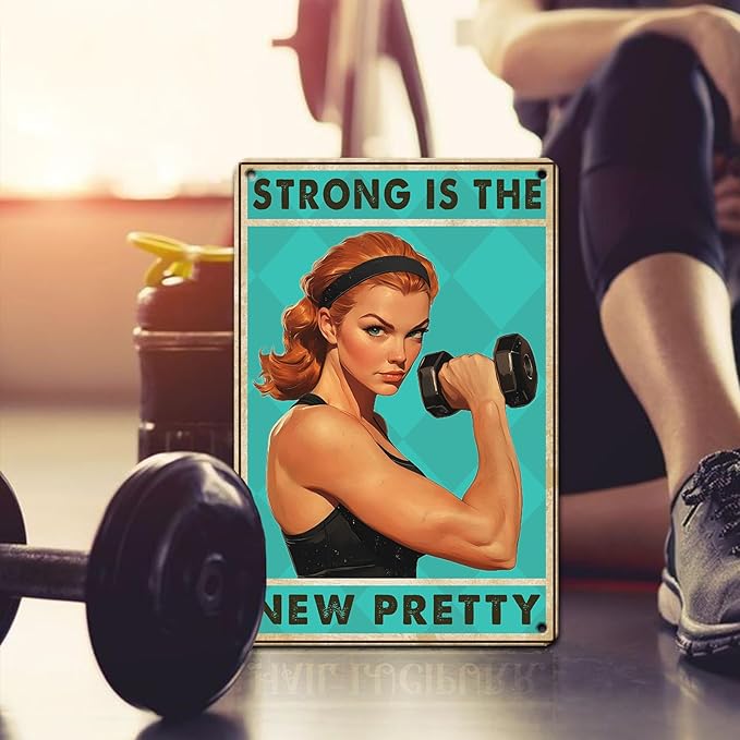 PEACHGARDEN Gym Decor Workout Room Vintage Metal Sign for Home Gym Wall Art Strong is The New Pretty Fitness Poster Motivational Workout Room 8x12inch