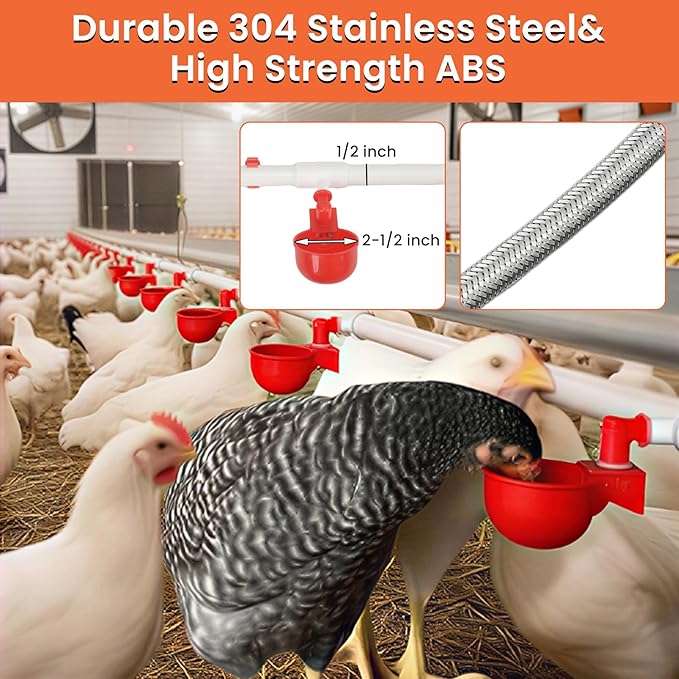 58 Pcs Automatic Chicken Waterer System with 8 Water Cups & 2 Garden Hose &1/2" PVC Pipe & Float Valve & Hose Connector Kit for Chicken coops,Geese,Ducks,Compatible with Water Tanks,1/2"&3/4" Hose