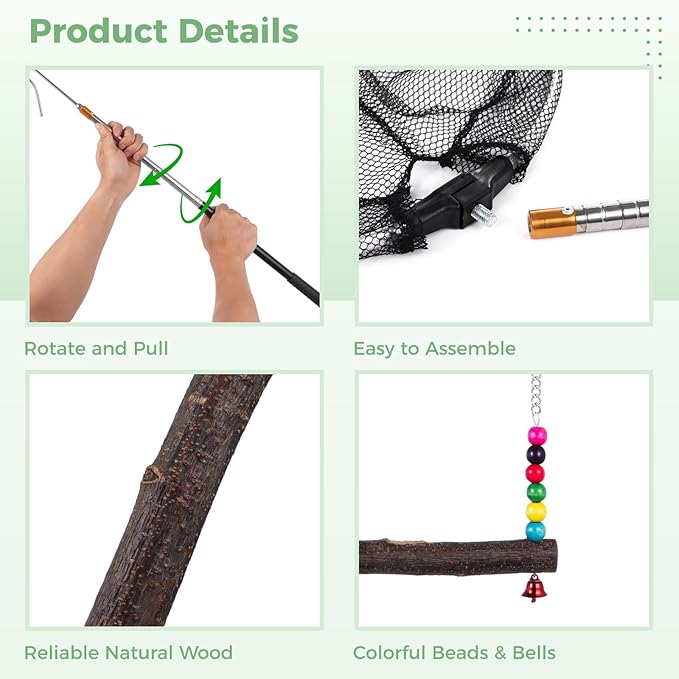 OMISTAR Chicken Net Catcher Set 5 PCS - Poultry Catching Net Set, Retractable Chicken Net, Chicken Catcher Farm Tools, Includes 2 Extendable Rods, Net, Hook, 2 Treat Bags, Natural Wood Swing Toy