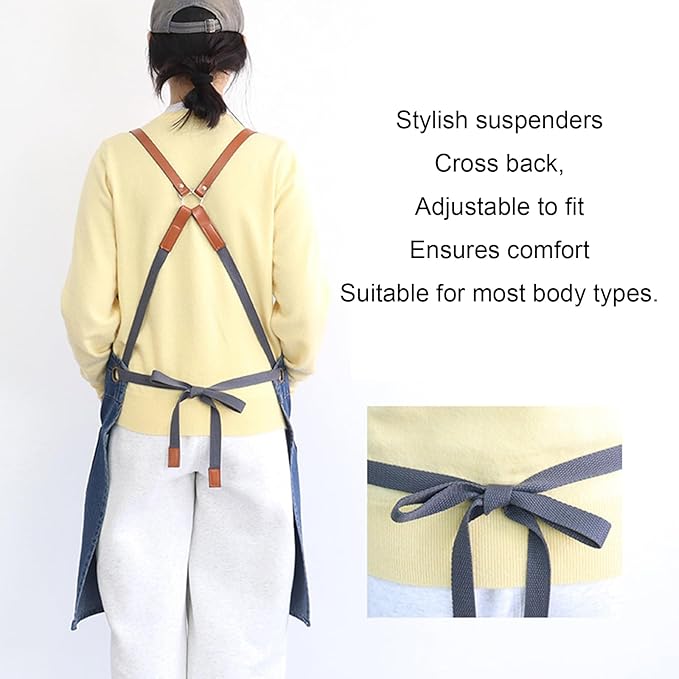 Denim Work Apron Adjustable Cross Back Gardening Aprons Multiple Pockets Men Women Restaurants, Cafes, BBQ