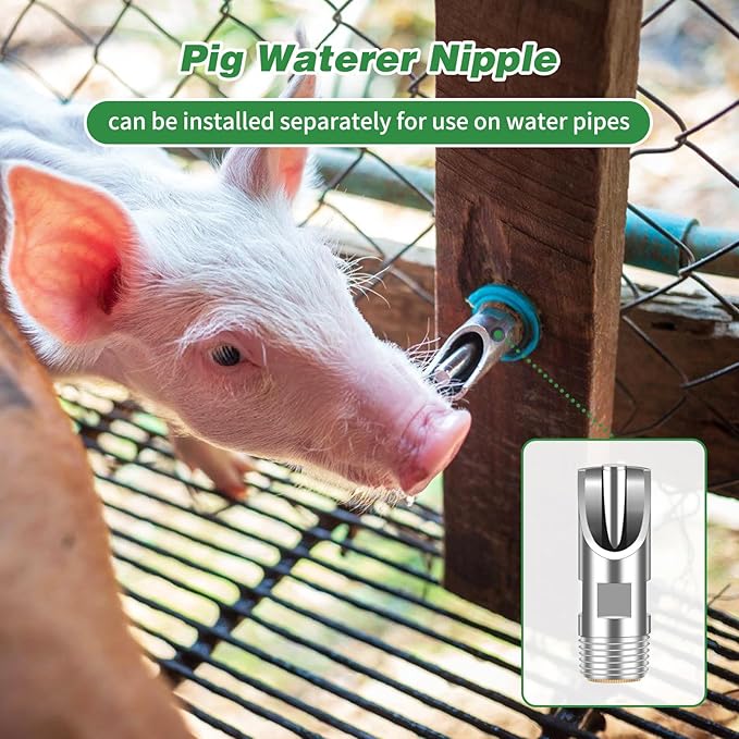 4 Pcs Pig Waterer Nipples for Barrel Kit, Stainless Steel Hog Waterer Nipples Automatic Pig Nipple Water Drinker Feeder Water System with Brass Tank Connector Kit for Piglets Goat