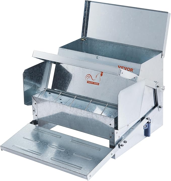 VEVOR Poultry Feeder, 25lbs Capacity, Feed Chicken Feeder with Lid & Lock, Outdoor Coop Food Dispenser, No Waste, Weatherproof Galvanized Metal Feeder for Ducks, Geese