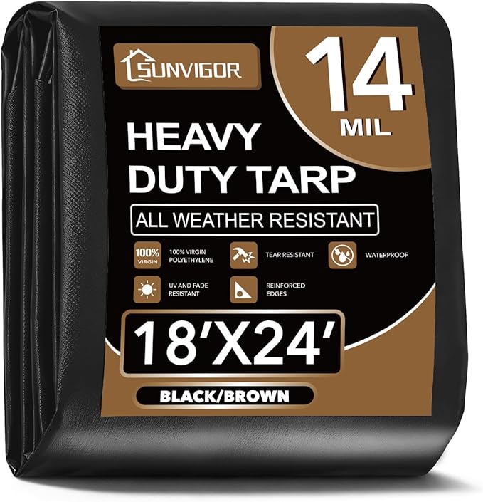 Sunvigor Tarp Waterproof 18x24Ft, Extra Thick 14 Mil Heavy Duty Tarp Cover, Tear & Fade Resistant, Outdoor Tarps with Brass Grommets and Reinforced Edges for Roof, Camping, Patio, Boat (Black/Brown)