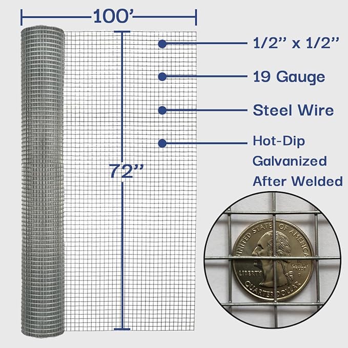 Galvanized 1/2 in. x 6 ft. x 100 ft. 19-Gauge Hardware Cloth Roll, Chicken Wire Fencing, Wire Fence Roll, Welded Wire, Rodent Mesh, Galvanized Mesh