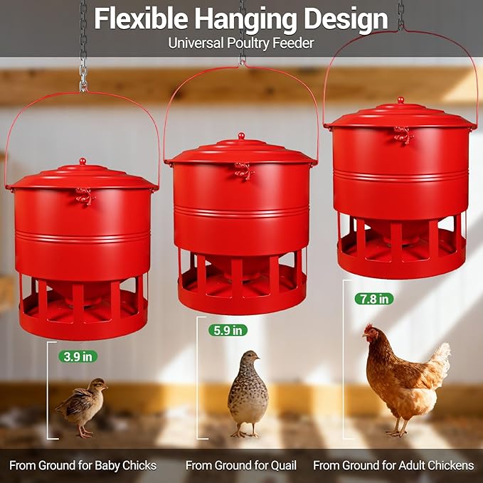 Metal Hanging Chicken Feeder No Waste, Rain-Proof Automatic Chicken Feeders, No-Spill Poultry Feeder, Rat Proof Gravity Chicken Feeder with 12 Ports for Farm & Backyard Chicken Coop