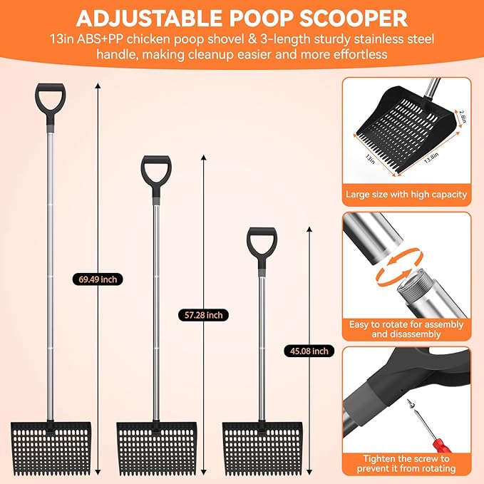 Chicken Poop Scooper & Rake 2-in-1, Chicken Coop Accessories with 13in Wider PP Head & Adjustable Stainless Steel Handle, 33''-69'' Pooper Scooper Sand Sifting Shovel Litter for Small Farm Animals