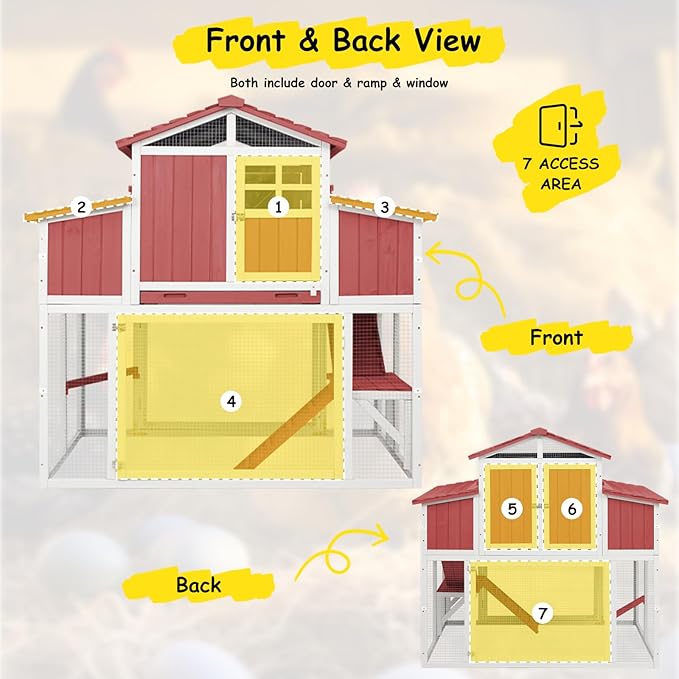 Large Outdoor Wooden Chicken Coop with Run for 2–4 Chickens, 2-Tier Elevated Hen House with Dual Nesting Boxes, Removable Slide-Out Tray, Reinforced Frame, Backyard Poultry Cage, Red