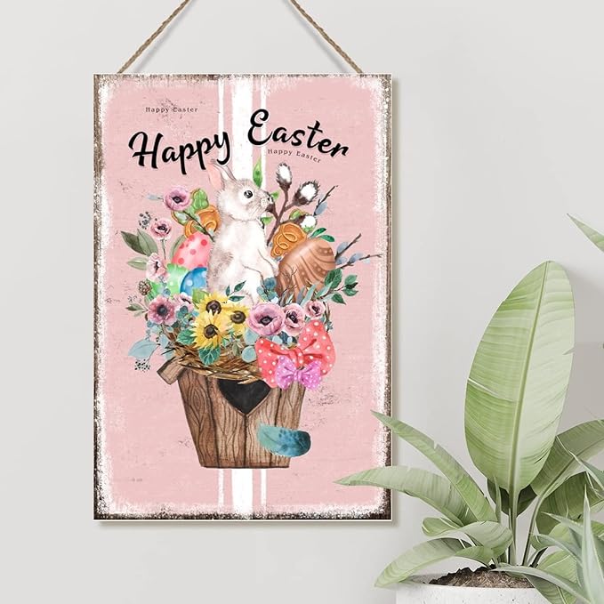 Wood Wall Plaque French Style Floral Pink Stripes Sign Happy Easter Flower Basket Bunny Wood Signs Wall Decor Bunny Rabbit Happy Easter Rustic Signs for Living Room 12x18in