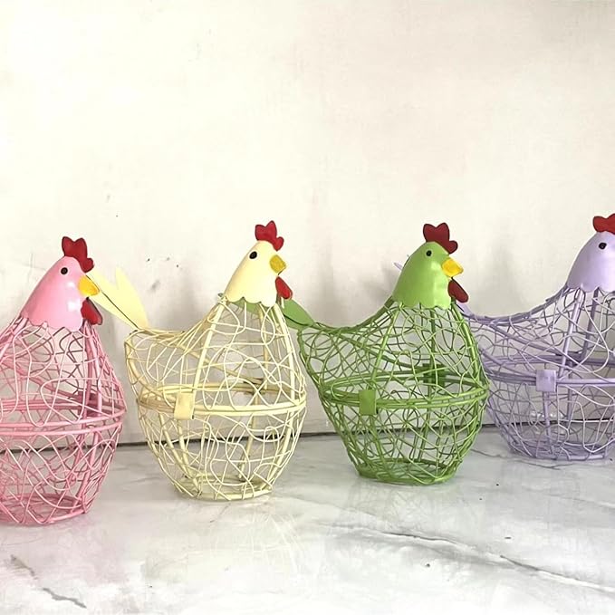 Chicken Wire Egg Basket Egg Holder Farmhouse Rustic Vintage Rooster Decor Chicken Shaped Egg Basket Fruit Storage Wire Basket For Collecting And Countertop Storing Egg (Yellow)