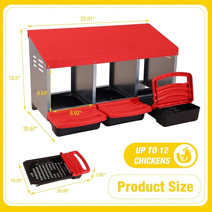 Aivituvin Chicken Nesting Box, 3 Compartments Chicken Egg Laying Box, Metal Nesting Boxes with Swing Perch for Chickens, Roll Away Egg Collection for Chicken Coop (Red)