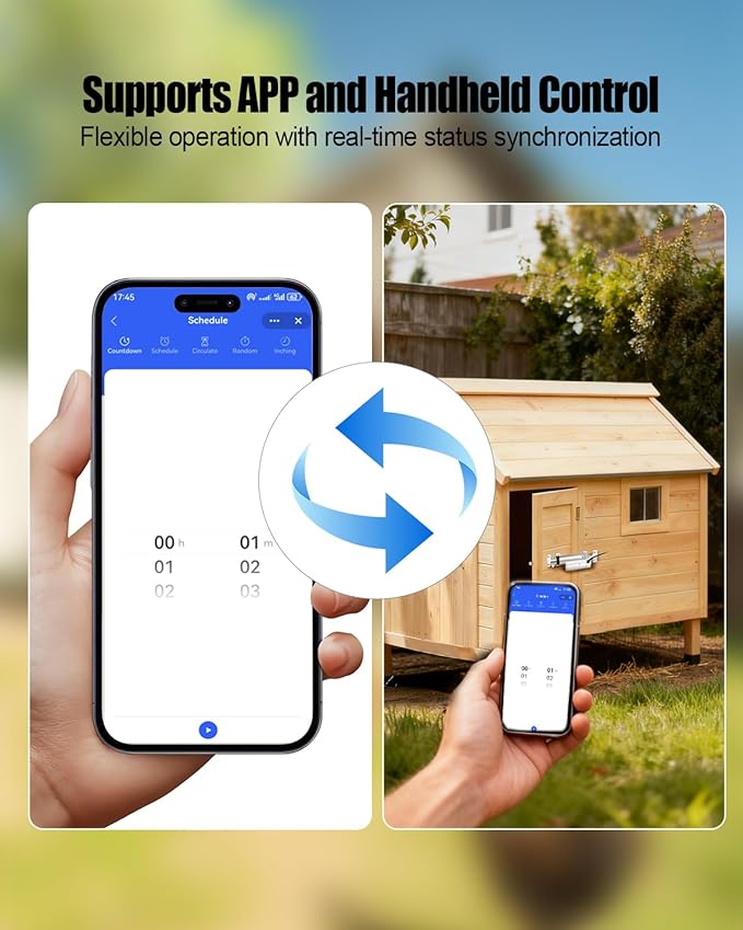 Smart Chicken Coop Door Opener with Timer, Remote Control Automatic Chicken Cage Door Opener Closer, IP44 Weatherproof for Poultry Duck Hen House, Up to 40m Range, Easy Installation